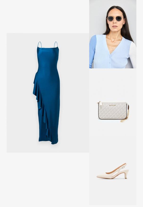 Tīra satīna kleita ar spageti siksnām, piegulošu augšu un asimetrisku viļņu detaļu gar kreiso pusi. Pilna garuma dizains.; Baltas siksniņveida papēdis ar smailu purngalu, gludu augšējo materiālu, zemu blokpapēdi un sānu izgriezumu dizainu ar regulējamu sprādzi.; Apaļas saulesbrilles ar tumšiem objektīviem un zeltītām rāmēm. Modelis valkā gaiši zilu, ribotu kardigānu ar pogām un kontrastējošām baltām piedurknēm.; Michaela Korsa rokassomi bez̦ā īšojuma, kas izgatavota no apklāta kanvas, iekļaujot atkārtotu MK logotipa rakstu, zelta aparatūru un noņemamu ķēdes siksnu.