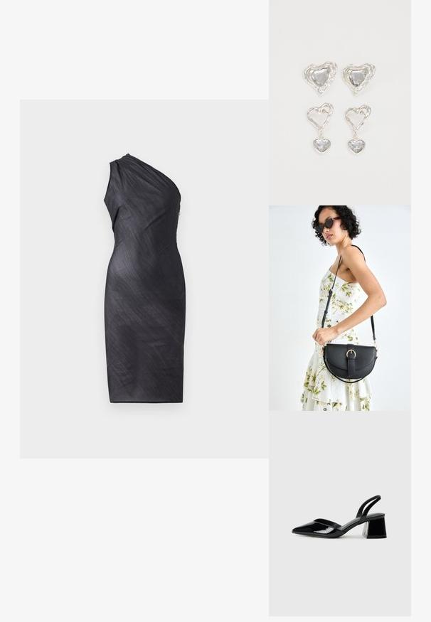 Robe noire asymétrique avec une épaule, texture drapée, longueur genoux, silhouette ajustée et fermeture éclair au dos.; Escarpins en cuir verni noir avec bout pointu et talon bloc géométrique. Présente un design élégant et minimaliste ainsi qu'une texture lisse.; Sac à main en cuir noir avec une forme courbée, bandoulière amovible et des accessoires en or. Le sac est doté d'un rabat avec un détail de boucle.; Des boucles d'oreilles en argent en forme de cœur présentent des pierres claires facettées, avec un cadre texturé. L'ensemble comprend des styles à clou et des styles pendants.