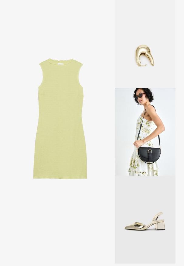 Gaiši zaļa bezpalvaga kleita ar teksturētu audumu, viļņotu apkakli un pieguļošu formu. Bez piedurknēm vai papildu rotājumiem.; Zeltaini, metāla kurpes ar siksniņām, norakans purngalis un masīla papēdis. Gluda tekstūra, minimālisma dizains un šaura siksna.; Melnas ādas rokassoma ar izliekta formu, noņemamu siksnu un zelta aksesuāriem. Somai ir vāciņš ar sprādzes detaļu.; Zeltīti metāla auskari ar gludu, izliekta dizaina. Ar atšķirīgu smailu formu, pulētu virsmu un eņģu aizdari.