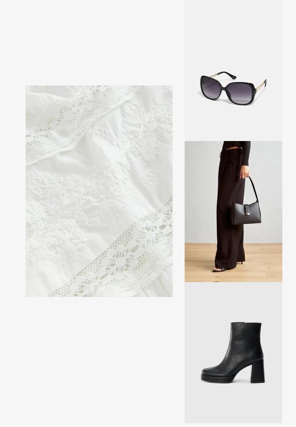 Baltas audinys su sudėtingais gėlių siuvinėjimais ir subtiliu nėriniuotu kraštu. Minkšta tekstūra su sluoksniuota dizaino struktūra visame paviršiuje.; Juodas odinis kulkšninis botas su bloku ir platformos padu, matomas šoniniu vaizdu ant balto fono.; Juodos didelės saulės akinių su pereinamais objektyvais, storomis rėmeliais ir auksinės spalvos grandinėmis ant šventyklų.; Juodas rankinė struktūrizuota forma, lygi tekstūra ir metalinis užsegimas. Suporuota su plačiomis juodomis kelnėmis ir atvirais bateliais ant medinių grindų.