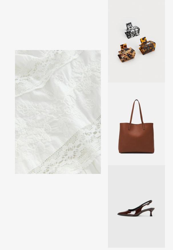 Tejido blanco con intrincados bordados florales y delicados bordes de encaje. Textura suave con elementos de diseño en capas a lo largo de toda la superficie.; Zapato slingback de charol marrón con punta afilada y tacón moderado. Cuenta con una correa con hebilla para un ajuste seguro. Textura suave.; Bolso tote de cuero marrón con una textura suave, diseño de apertura superior y dos correas para el hombro. Presenta una costura mínima y sin herrajes visibles.; Tres pinzas para el cabello: una de mármol negro y blanco, dos de carey en tonos marrones y negros, todas hechas de plástico brillante con un acabado texturizado.
