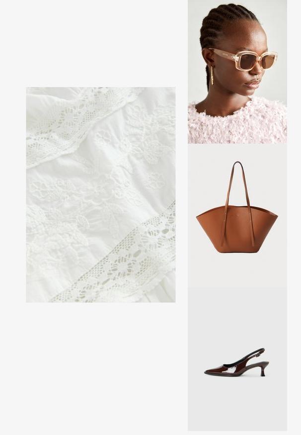 Baltas audinys su sudėtingais gėlių siuvinėjimais ir subtiliu nėriniuotu kraštu. Minkšta tekstūra su sluoksniuota dizaino struktūra visame paviršiuje.; Rudos lakuoti odiniai slingback batai su smailiu pirštu ir vidutinio aukščio kulnu. Yra sagties dirželis, užtikrinantis tvirtą prigludimą. Lygus paviršius.; Šviesiai rudos oversized saulės akiniai su skaidriais rėmeliais ir rudais tonuotais objektyvais, turintys subtilių gėlių akcentų ir drąsų, geometrinį dizainą.; Ruda odinė rankinė su plačia, struktūrizuota forma, plonomis rankenomis ir tekstūruotu paviršiu. Pasižymi minimalistišku dizainu be matomų detalių.