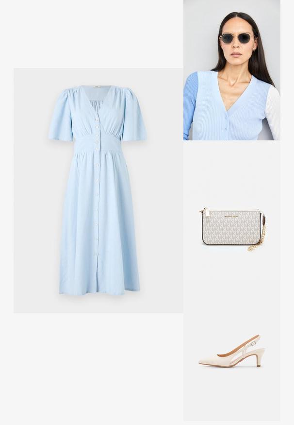 Šviesiai mėlyna medvilninė suknelė su V formos iškirpte, trumpomis pūstomis rankovėmis ir sagčių uždarymu priekyje, susirinkusiu juosmens ir plačiu sijonu.; Balti slingback kulniukai su smailiu pirštu, lygia viršutine medžiaga, žemu blokuotu kulnu ir šoniniu išpjovimu su reguliuojamu sagtimi.; Apskriti saulės akiniai su tamsiais objektyvais ir auksiniais rėmeliais. Modelis vilki šviesiai mėlyną, raukinį kardiganą su mygtukais ir kontrastingomis baltomis rankovėmis.; Michael Kors rankinė smėlio spalvos dengto kanvoje su pakartotiniu MK logotipo raštu, auksinėmis detalėmis ir nuimamu grandininiu dirželiu.