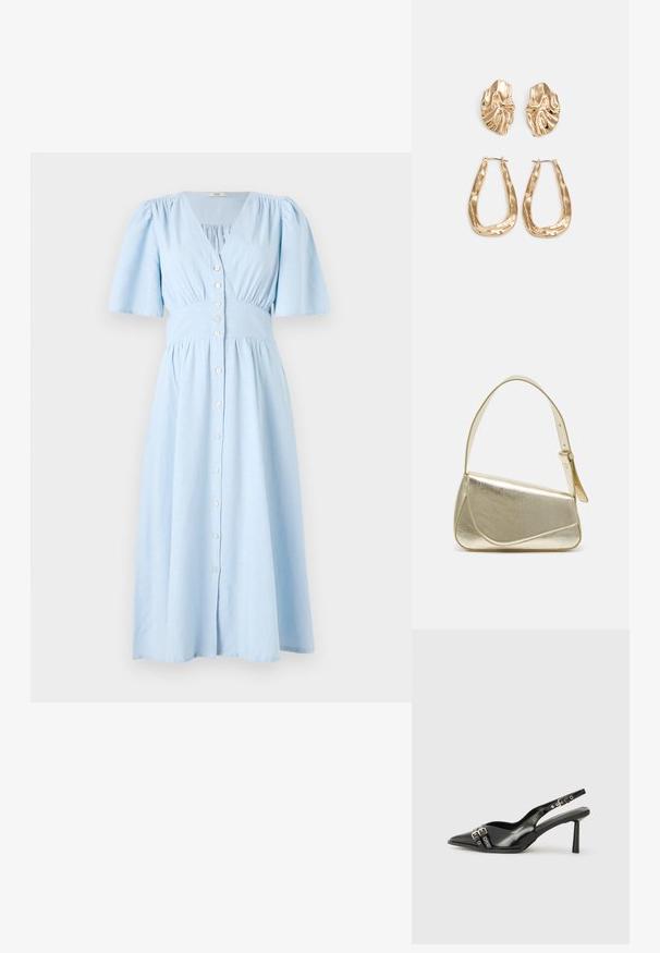 Abito azzurro chiaro in cotone, con scollo a V, maniche a palloncino corte e apertura con bottoni sul davanti, una vita arricciata e una gonna svasata.; Scarpa slingback in vernice nera con punta affusolata, cinturini alla caviglia con fibbie in argento e accessori, e tacco sottile.; Borsa a mano metallica dorata con un design strutturato, superficie liscia e tracolla regolabile. Presenta una forma triangolare unica e cuciture minimaliste.; Orecchini in tono oro caratterizzati da forme ondulate eTexture. Comprendono chiusure clip-on scultoree e un design a cerchio aperto con finitura martellata.