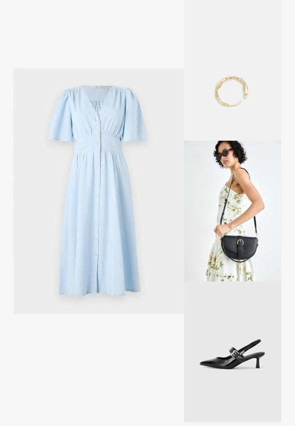 Hele sinine puuvillane kleit, millel on V-kaelus, lühikesed volangvarrukad ja nööpidega esiosa, kogutud vöökoht ning laienev seelikuosa.; Mustad patenteeritud nahast sildiga kontsad, millel on terav nina ja väike plokk-konts, mille rihmal on hõbedane pandla aksessuaar.; Mustmust mustraha kõverate joontega, eemaldatava rihmaga ja kuldsete detailidega. Kotil on klapp, millel on pandladetail.; Kuldtoonis sõrmus, millel on orgaaniline, keerdunud disain sileda tekstuuri ja kitsenevate otstega, luues kaasaegse skulptuurilise välimuse.