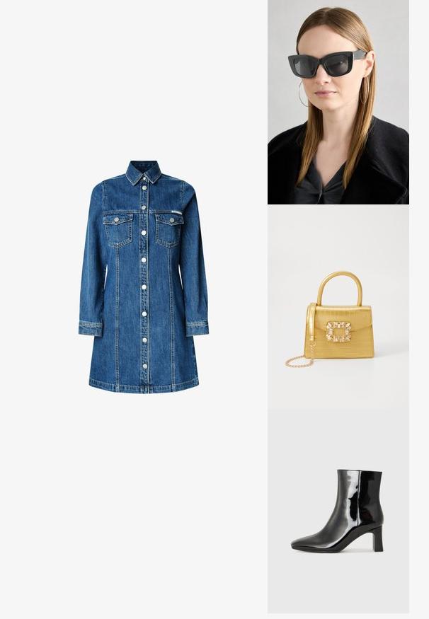 Farmering ingruha, hosszú ujjak, gombos elülső rész, két mellzseb, klasszikus gallér, középkék szín és világos varrási részletek.; Fekete lakk bőrcipő bokáig érő, hegyes orral és közepes magasságú tömbsarokkal. Simább textúrával és minimalista dizájnnal rendelkezik.; Fekete macskaszem napszemüveg sötét lencsékkel, vastag kerettel és diszkrét díszítésekkel. Fekete kabátot és szürke felsőt visel, hosszú egyenes hajjal.; Sárga műbőr krokodil mintás kézitáska strukturált kialakítással, felső fogantyúval, leválasztható lánccal és díszes kristály díszítéssel a záron.