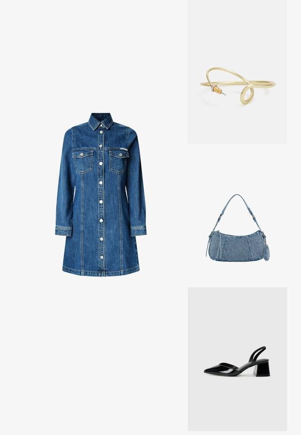 Traper haljina, duži rukavi, dugmad na prednjem dijelu, dvije džepne bočne naprijed, klasičan ovratnik, srednje plava boja i svijetli detalji šivanja.; Crne lakirane kožne sandale s otvorenom petom i špicastim vrhom, s geometrijskom blok petom. Imaju elegantan, minimalistički dizajn i glatku teksturu.; Denimska torba s zakrivljenim oblikom, svijetloplave boje, podesivim remenom za rame i malim odvojivim džepom s metalnim akcentima.; Zlatna metalna narukvica s fluidnim, zavojitim dizajnom. Sadrži mali, istaknuti srebrni akcent na jednom kraju.