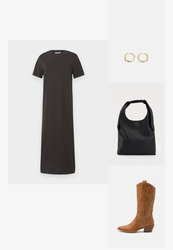 Tumed hallo põlvepikkune T-särgidress, mis on valmistatud pehmest puuvillast. Sellel on lühikesed varrukad, ümmargune kaelus ja sirge siluett.; Kohvitooni nahast cowboy-kork, millel on terav varvas, tikitud keerised varrel ja virnastatud ploki konts. Omab tõmbeava, et seda oleks lihtne jalga panna.; Must коммерcный кott sa больше, с хорошоииr rAlpha-gaind да спинай ониигякца; и Storeup вocusedайфиқатяk санжинг ын ал trustだ রতাє 적에и; Kuldsete rõngaskõrvarõngaste tekstuuriga, ebakorrapärane kuju. Omab sujuvat lukustust ja poleeritud pinnatöötlust, rõhutades kaasaegset disaini.