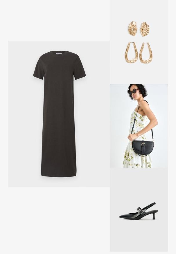 Rochie t-shirt de lungime până la genunchi, de culoare gri închis, realizată din bumbac moale, cu mâneci scurte, decolteu rotund și o siluetă dreaptă.; Sandale cu toc din piele patent neagră, cu vârful ascuțit și un toc mic bloc, având un accent cu cataramă argintie pe curea.; Geantă din piele neagră, cu o formă curbată, curea detașabilă și accesorii aurii. Geanta are un capac cu un detaliu tip cataramă.; Cercei aurii cu forme texturate și ondulate. Include studs sculpturale cu clip și un design de cerc deschis cu un finisaj cioplit.