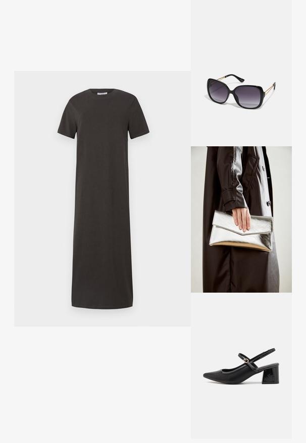 Vestido de camiseta de algodón suave en gris oscuro, de longitud a la rodilla, con mangas cortas, escote redondo y silueta recta.; Tacones slingback de charol negro con punta afilada, un diseño de corte redondeado y tacón bloque. Incluye un detalle de hebilla en tono dorado.; Gafas de sol negras de gran tamaño con lentes degradados, montura gruesa y detalles de cadena en tono dorado en las patillas.; Clutch metálico plateado con un diseño de sobre angular, textura suave y color interior en contraste, sostenido en una mano que lleva un abrigo negro.