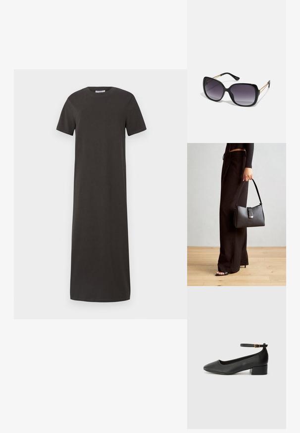 Tmavošedé tričko šaty po kolená vyrobené z mäkkého bavlneného materiálu, s krátkymi rukávmi, okrúhlym výstrihom a priamym strihom.; Čierne kožené lodičky s špicatou špičkou a nízkym blokovým podpätkom. Obsahuje remienok okolo členka so zlatým prackou. Hladký povrch.; Čierne oversized slnečné okuliare s gradientovými sklíčkami, hrubými rámami a zlatým retiazkovým detailom na stranách.; Čierna kabelka so štruktúrovaným tvarom, hladkou textúrou a kovovou sponou. V kombinácii so širokými čiernymi nohavicami a sandálmi s otvorenou špičkou na drevenej podlahe.