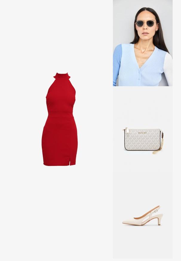 Abito rosso con collo halter, dalla silhouette aderente, caratterizzato da un colletto alto e una fessura laterale. Realizzato in tessuto elasticizzato per una vestibilità aderente.; Slingback bianco con punta affusolata, materiale superiore liscio, tacco basso a blocco e design con ritagli laterali, dotato di cinturino regolabile con fibbia.; Occhiali da sole rotondi con lenti scure e montatura dorata. Il modello indossa un cardigan leggero azzurro a costine con bottoni e maniche bianche a contrasto.; Wristlet Michael Kors in tela rivestita beige con motivo a logo MK ripetuto, hardware dorato e tracolla a catena staccabile.
