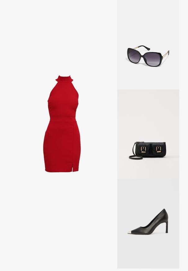 Crvena halter haljina s uskim krojem, koja ima visoki ovratnik i bočni prorez. Izrađena je od rastezljivog materijala kako bi se savršeno prilagodila tijelu.; Crna kožna cipela s visokim potpeticama, špicastim vrhom i metalnim srebrnim vrhom. Ima glatku završnu obradu i tanku petu visine 10 cm.; Crne prevelike sunčane naočale s gradijentnim lećama, debelim okvirom i zlatnim lancem kao detaljem na krakovima.; Crna kožna torba preko ramena s dva prednja džepa, zlatnim kopčama, zatvaranjem na zip i uskim remenom. Teksturirana površina i kompaktan pravokutan oblik.