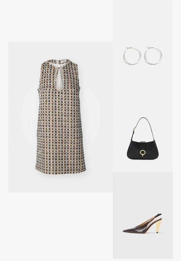 Tanssivaba kleit kudumiskangas, millel on mustriga disain hallis, kuldse ja musta värviga. Omab võtmeauku kaelas ja seljal tõmblukku.; Kitsas varbaga slingback konts tumepruunis läikivas kunstkrokodillinahast. Omab kuldse tooni geomeetrilist kontsa ja reguleeritavat pahkluu rihma.; Must musta nahkrahakott, millel on kaarjas siluett, lühike rihm, keskmise kullatooni metalldetail ja sile tekstuur. Pole nähtavaid mustreid ega lisandeid.; Hõbedased rõngasnõelad on sujuva ja ümara kujundusega, õhukese profiiliga ning kindla lukuga. Minimalistlik stiil ja läikiv viimistlus.