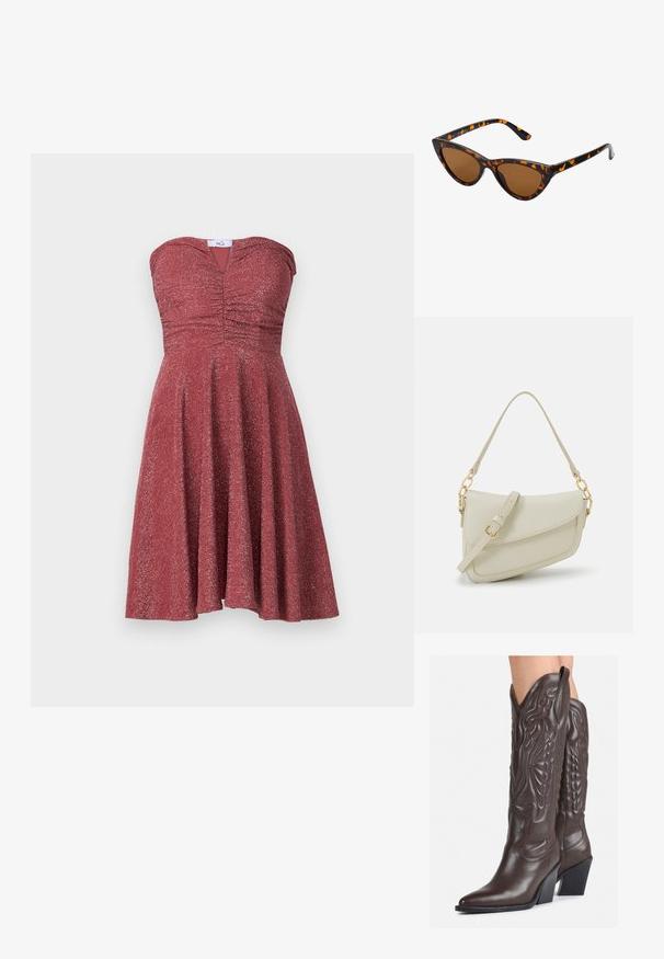 Pánt nélküli ruha fényes burgundi színű anyagból. A melltartónélküli részén gyűrt részletek találhatók, és a szoknya térdig érő bővülő fazonú.; Barna bőr cowboy csizmák hegyes orral és blokk sarkal, részletes varrással és kiemelkedő díszítésekkel a szárán.; Cica szemüveg fekete és narancssárga teknőc pánttal, barna lencsékkel és sima, hegyes végekkel. A templomán egy minimalista logó található.; Kis krémszínű táska texturált felülettel, hosszú, állítható pánttal, láncos díszítéssel és fedéllel záródik. Aranyszínű fém részletek.