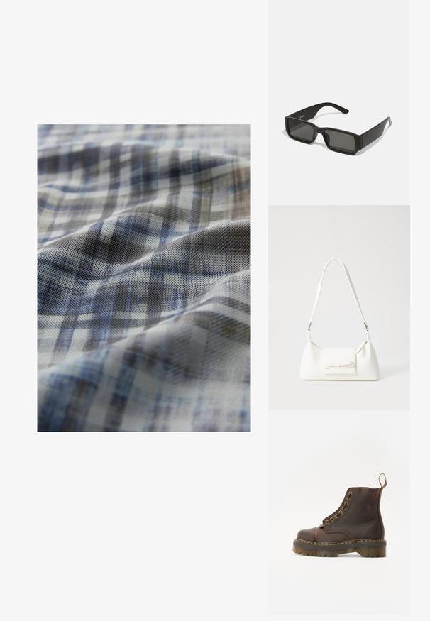 Tkanina s modro-šedým kockovaným vzorom; má štruktúrovaný povrch s jemnými vlnami a rôznymi odtieňmi farby po celej ploche.; Hnedé kožené členkové topánky s okrúhlym špicom, kontrastným žltým prešívaním, dekoračnými kovovými očkami a drážkovanou gumovou podrážkou.; Čierne slnečné okuliare s obdĺžnikovými šošovkami, matný plastový rám a rovné hrany. Obsahujú logo značky na vnútornej strane ramenka.; Biela syntetická kabelka s trojuholníkovým tvarom, plochým predným klapkou a detailom mašle, nastaviteľným popruhom, hladkou textúrou a minimalistickým dizajnom.