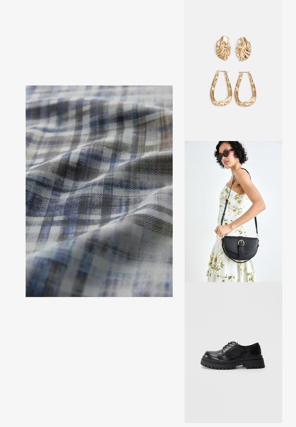 Vävt tyg med ett blått och grått rutmönster; har en texturerad yta med mjuka vågor och varierande nyanser av färg genom hela.; Svart läder sko med tjock sula och snörning, med kraftig mönstrad plattformssula och metallöglor mot en neutral grå bakgrund.; Svart läderhandväska med en böjd form, avtagbar rem och guldiga detaljer. Väskan har ett lock med en spänndetalj.; Örhängen i guldton med texturerade, vågiga former. Inkluderar skulpturala clip-on-stift och öppen hoop-design med hamrad finish.