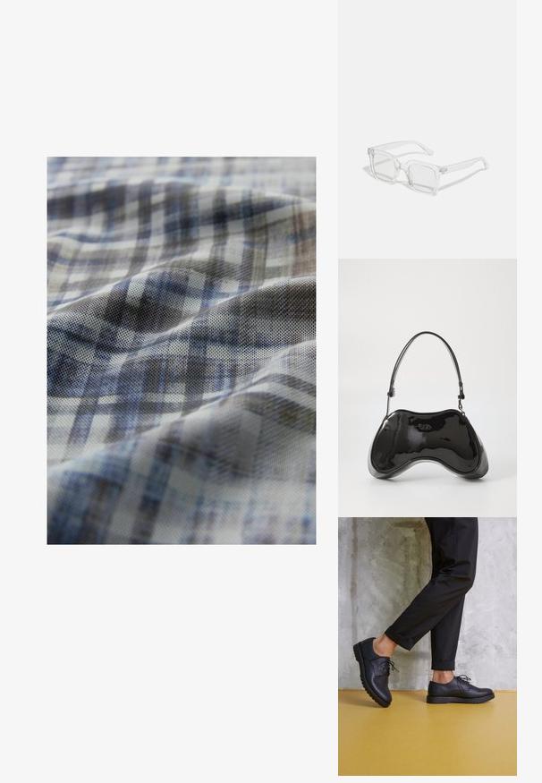 Auduma audums ar zilu un pelēku rūtainu rakstu; tam ir teksturēta virsma ar maigiem viļņiem un dažādām krāsu nokrāsām visā virsmā.; Melnas ādas sakaltas kurpes ar noapaļotu purngalu, teksturētu virsmu un biezu gumijas zoli. Valkātas ar sarullētām melnām biksēm uz betona fona.; Caurspīdīgas taisnstūrveida saulesbrilles ar biezām plastmasas rāmja, ar nedaudz krāsotiem objektīviem un bez papildu rakstiem vai akcentiem.; Melnas lakota Ādas rokassoma ar unikālu izliekta formu, īsu regulējamu rokturi un ar rāvējslēdzēju aizdarāmu augšu. Gluda tekstūra ar smalku zīmolu.