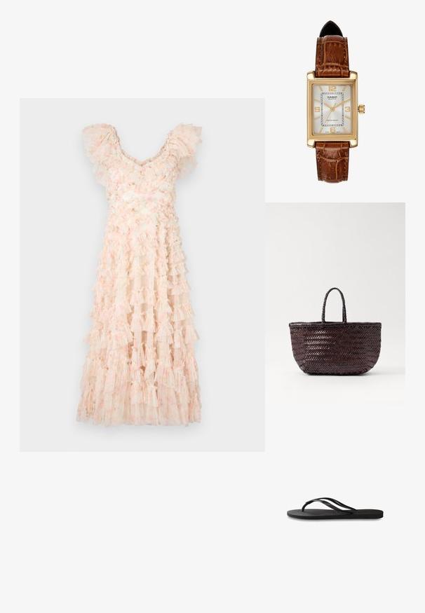 Needle & Thread DITSY LOLA BACKLESS BALLERINA DRESS - Rochie cocktail/Rochie petrecere - moonshine pink; Încălțăminte tip flip-flop neagră cu o talpă din cauciuc texturat, două bretele subțiri și un detaliu discret, embosat cu logo pe bretea.; DRAGON DIFFUSION BAMBOO TRIPLE JUMP SMALL - Geantă de mână - dark brown; Ceas quartz Casio cu carcasă rectangulară de culoare aurie, față albă, marcaje aurii pentru ore și curea din piele maro cu model de crocodil. Rezistent la apă.