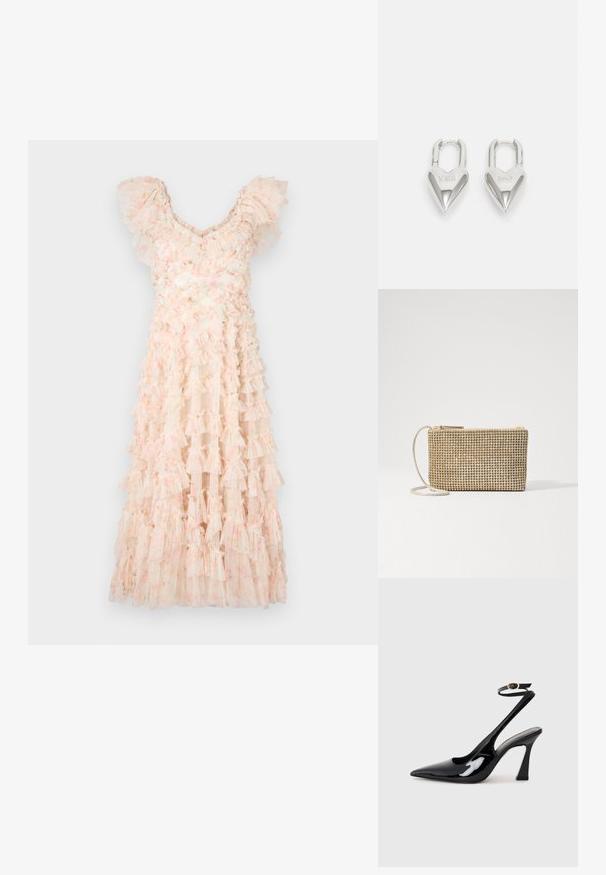 Needle & Thread DITSY LOLA BACKLESS BALLERINA DRESS - Kokteilinė suknelė / vakarėlių suknelė - moonshine pink; Juodai lakuoti slingback aukšti kulniukai su smailiu nosiu, reguliuojama čiurnos juostele ir vidutinio dydžio blokiniu kulnu. Lygus paviršius su blizgiu apdaila.; Loeffler Randall YASMINE FLAT CLUTCH - Rankinė per petį - gold; Sidabrinės širdelės formos užraktai su išgraviruotais žodžiais "TAIP" ir "NE", poliruotas paviršius, simetriškas dizainas ir tvirtas metalinis užraktas.