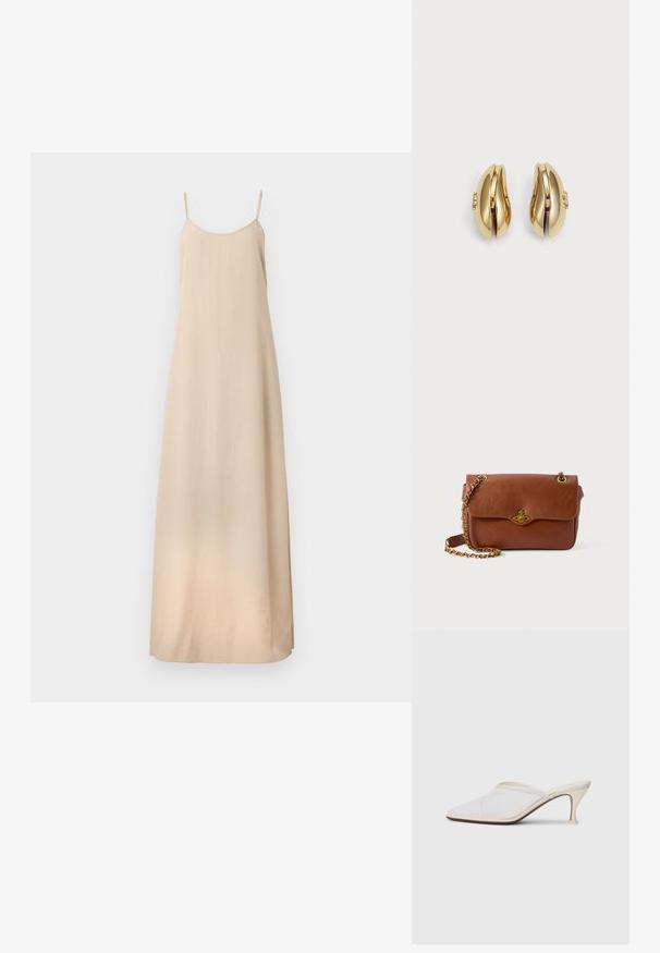 Filippa K DRAPED STRAP DRESS - Galajurk - caramel be; Witte mesh puntige muiltjes met een slanke hak van middelgrote hoogte en een slip-on ontwerp, tegen een effen achtergrond.; Bruin leren schoudertas met een klepje, gouden hardware en een kettingband. Gladde textuur, rechthoekige vorm, minimale details.; Gouden oorbellen met een vloeiende, gebogen vorm. Elke oorbel heeft een glad oppervlak en een kleine sluiting met een decoratief detail.