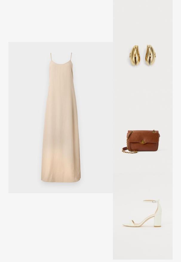 Filippa K DRAPED STRAP DRESS - Occasion wear - caramel be; White leather block-heel sandal featuring an ankle strap with a buckle and minimalist design. Open toe and smooth textures throughout.; Brown leather crossbody bag with a flap closure, gold hardware, and a chain strap. Smooth texture, rectangular shape, minimal detailing.; Gold-tone earrings with a flowing, curved design. Each earring features a smooth surface and a small clasp with a decorative detail.