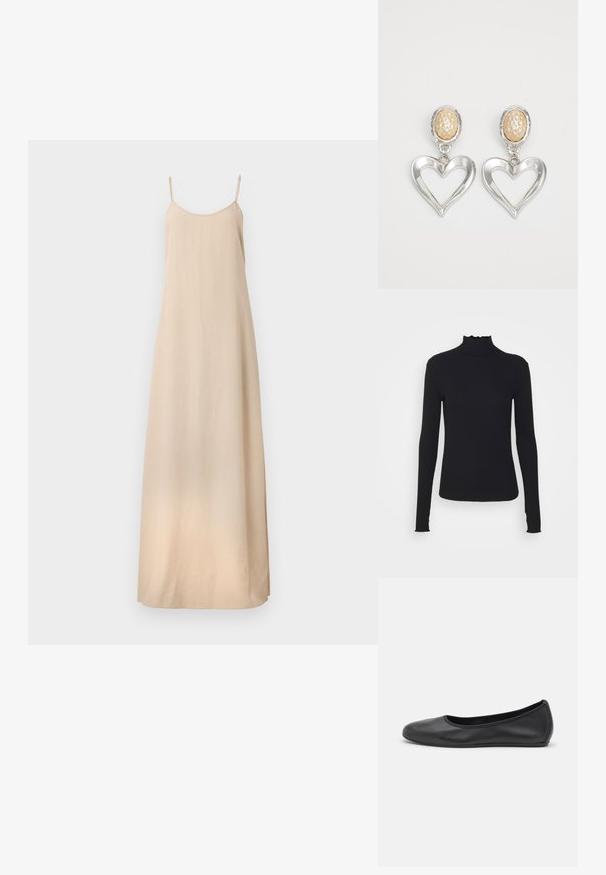Filippa K DRAPED STRAP DRESS - Společenské šaty - caramel be; Černý dlouhý rukáv rolák vyrobený z hladkého materiálu, s volánkovým límcem a přiléhavým střihem s jednoduchými okraji.; Černé kožené baletní byty s kulatou špičkou, hladkou texturou, minimálními švy a flexibilním designem podrážky.; Stříbrné náušnice ve tvaru srdce s lesklým povrchem. Každá má texturovanou béžovou oválnou kuličku. Elegantní a lehký design.