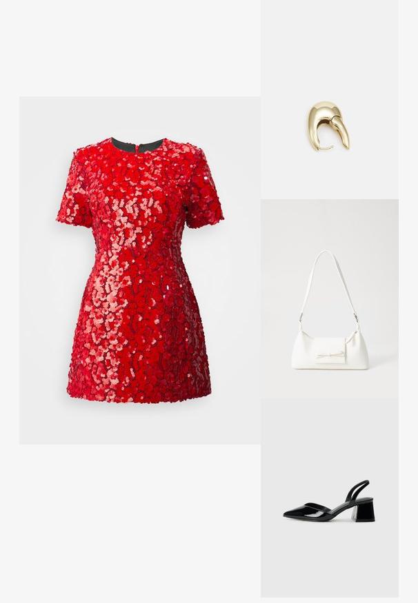 Czerwona sukienka z cekinami, z krótkimi rękawami, okrągłym dekoltem i dopasowaną sylwetką. Cekiny tworzą teksturowany kwiatowy wzór na całej powierzchni.; Czarne lakierowane półbuty na obcasie z wydłużonym noskiem i geometrycznym słupkiem. Charakteryzują się eleganckim, minimalistycznym designem oraz gładką fakturą.; Biała syntetyczna torba o trójkątnym kształcie, płaskim przednim klapce i detalach w postaci kokardy, regulowanym pasku, gładkiej fakturze oraz minimalistycznym designie.; Złote metalowe kolczyki o eleganckim, zakrzywionym kształcie. Posiadają charakterystyczny szpiczasty kształt, polerowaną powierzchnię oraz zapięcie na zawias.