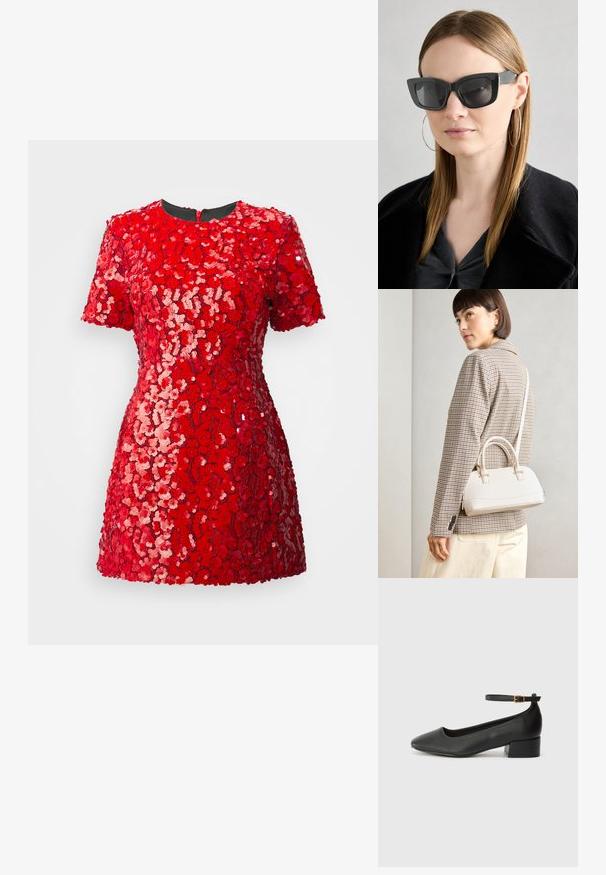 Czerwona sukienka z cekinami, z krótkimi rękawami, okrągłym dekoltem i dopasowaną sylwetką. Cekiny tworzą teksturowany kwiatowy wzór na całej powierzchni.; Czarne skórzane szpilki z ostrym noskiem i niskim słupkowym obcasem. Wyposażone w pasek na kostkę z złotym zapięciem. Gładka tekstura.; Czarne okulary w kocim kształcie z ciemnymi soczewkami, grubymi oprawkami i subtelnymi akcentami. Noszone z czarnym płaszczem i szarym topem, z długimi prostymi włosami.; Biała torebka o strukturalnym kształcie z krótkimi uchwytami i paskiem na ramię, z złotymi akcentami i teksturowanym materiałem, prezentowana na szarym tle.