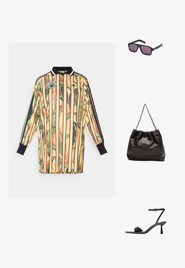 Jersey z tropikalnym nadrukiem w pionowe żółte i zielone paski, długie rękawy, czarne akcenty i kołnierzyk. Posiada okrągłe logo na klatce piersiowej.; Bershka - Sandały na obcasie; Czarne okulary przeciwsłoneczne z kwadratową oprawką, ciemnymi soczewkami i złotym logo na zauszniku. Gładki plastikowy materiał z matowym wykończeniem.; Brązowa skórzana torba z marszczonym szczytem i łańcuszkowym paskiem. Gładka tekstura z błyszczącym wykończeniem i subtelnymi detalami szwów po bokach.
