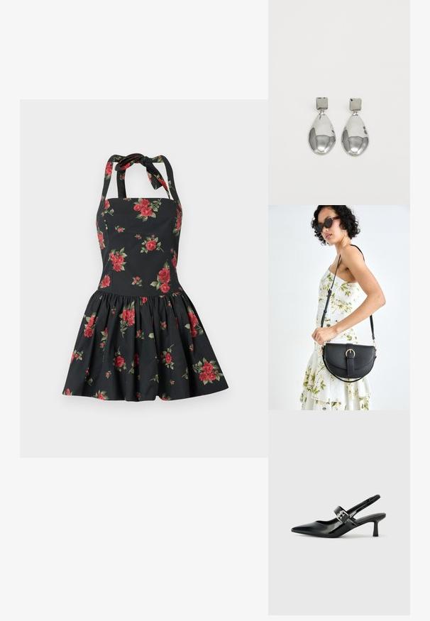 Vestido preto floral com um corpete justinho e saia rodada, decorado com rosas vermelhas e folhas verdes. Possui laços no pescoço. Material de algodão.; Saltos slingback em verniz preto com bico pontiagudo e um pequeno salto bloco, apresentando um detalhe de fivela prateada na tira.; Bolsa de couro preta com forma curva, alça destacável e detalhes em dourado. A bolsa possui uma aba com detalhe de fivela.; Brincos de gota em prata com um pino quadrado, apresentando um acabamento liso e polido e uma forma de gota, refletindo a luz com uma superfície brilhante.