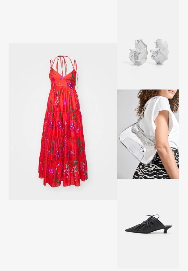 Erdem STRAPLESS LONG TIERED DRESS WITH TIES - Vestido largo - poppy; Mules negros de cuero sin hebillas con punta afilada, textura recogida y un pequeño tacón de gato. Presentan un detalle de cordón en la abertura.; Bolso de hombro metálico plateado con una textura suave, diseño curvado, correa de cadena y un panel frontal pulido que presenta un sutil grabado de logo.; Pendientes de plata con un diseño en espiral y fluido. Textura suave con un acabado pulido. Presenta un brillo sutil y no tiene adornos visibles.