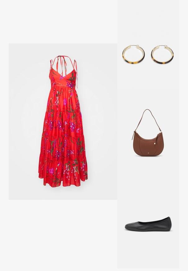 Erdem STRAPLESS LONG TIERED DRESS WITH TIES - Maxi ruha - poppy; Fekete bőr balettcipő lekerekített orral, sima tekstúrával, minimális varrással és rugalmas talp kialakítással.; Barna műbőr válltáska ívelt formával, minimális varrással és arany színű kiegészítőkkel. Jellemzője a felső cipzáras záródás és állítható pánt.; Arany tónusú karika fülbevalók teknősbékalábas mintázatú gyantaszegéllyel, sima felülettel és elegáns, kör alakú formával.