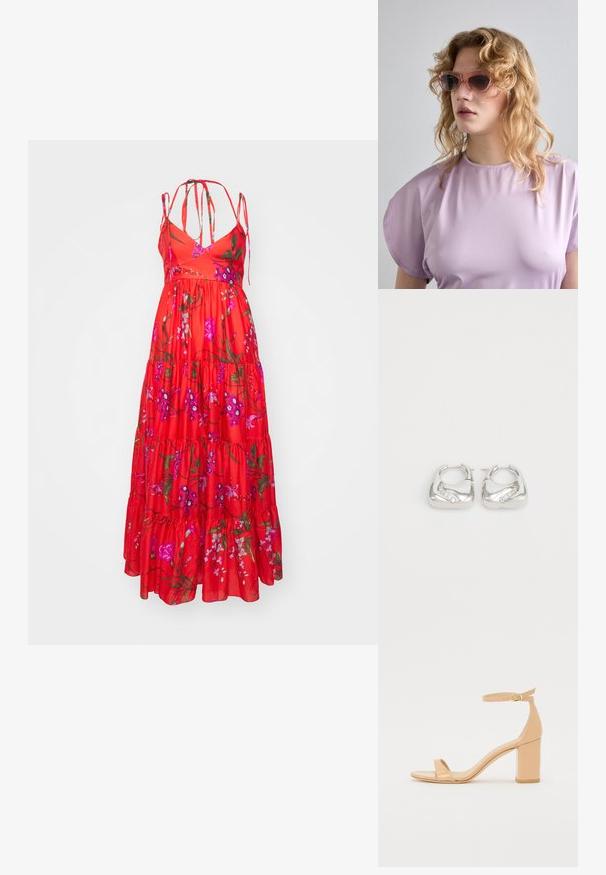 Erdem STRAPLESS LONG TIERED DRESS WITH TIES - Maksi garuma kleita - poppy; Nude lakotas ādas augstpapēžu sandalēs ar kvadrāta purngalu, potītes siksniņu un masīlu bloku papēdi. Gluda tekstūra un minimāla dizaina detaļas.; Rozā tonēti saulesbrilles ar ģeometrisku rāmi, apvienotas ar maigu lavandas krāsas topu ar apaļu kakla izgriezumu un īsām piedurknēm.; Sudrabotas auskari ar gludu, noapaļotu dizainu un viļņainu akcentu, kas rotāts ar maziem, caurspīdīgiem rhinestones gar vienu malu.