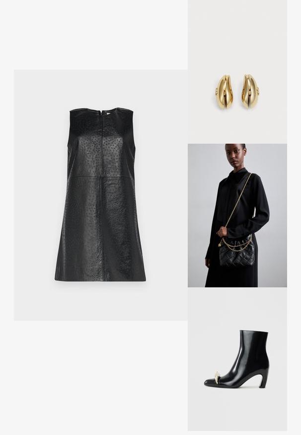 Μαύρο μίνι φόρεμα χωρίς μανίκια, κατασκευασμένο από υφασμάτινο δέρμα, με μπροστινό φερμουάρ και ευθεία σιλουέτα που διαθέτει διακριτικά μοτίβα με κουκίδες.; Μαύρη μπότες μέχρι τον αστράγαλο από γυαλιστερό δέρμα, με μυτερή μύτη και διακοσμητική χρυσή και ασημένια λεπτομέρεια στο μπροστινό μέρος. Σχεδίαση με τετράγωνη φτέρνα.; Μαύρη κεντημένη τσάντα από δέρμα με συγκεντρωμένη κορυφή, χρυσή αλυσίδα και ορθογώνιο σχήμα, κρατημένη σε απλό φόντο.; Χρυσά σκουλαρίκια με ρέουσα, καμπυλωτή σχεδίαση. Κάθε σκουλαρίκι διαθέτει λεία επιφάνεια και ένα μικρό κούμπωμα με διακοσμητική λεπτομέρεια.