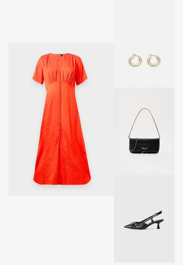 Ljus orange klänning, korta ärmar, rund halsringning, texturerad tyg med blommönster, med en knappstängning framtill och en utsvängd silhuett.; Svart lädersko med slingback-design, spetsig tå, dekorativa remmar med metallöglor och en låg klack. Texturerad yta.; Svart läderhandväska med en silverkedja, prydd med dekorativa vingdetaljer och vit sömnad längs den nedre sömmen.; Lauren Ralph Lauren BASIC SMALL HOOP - Örhänge - gold-coloured