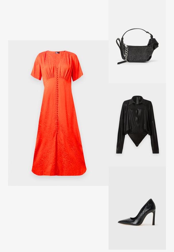 Svetla oranžna obleka, kratki rokavi, okroglo izrez, teksturirana tkanina s cvetličnim vzorcem, z zapiranjem na gumb spredaj in razširjenim krojem.; Črn bodi z dolgimi rokavi, V-izrezom in prilegajočo silhueto. Narejen iz sijočega, gladkega materiala z oblikovanim ovratnikom in manšetami.; Črne čevlje z visoko peto in konico v obliki puščice, z teksturo krokodilje kože, ki se ponašajo s sleek oblikovanjem, visokim stiletto peto in gladkim črnim notranjostjo.; Črna torbica z okrasnimi žebljički, verižnim trakom in gladkim usnjenim ročajem, zaokrožene oblike z zaklepanjem na zadrgo.