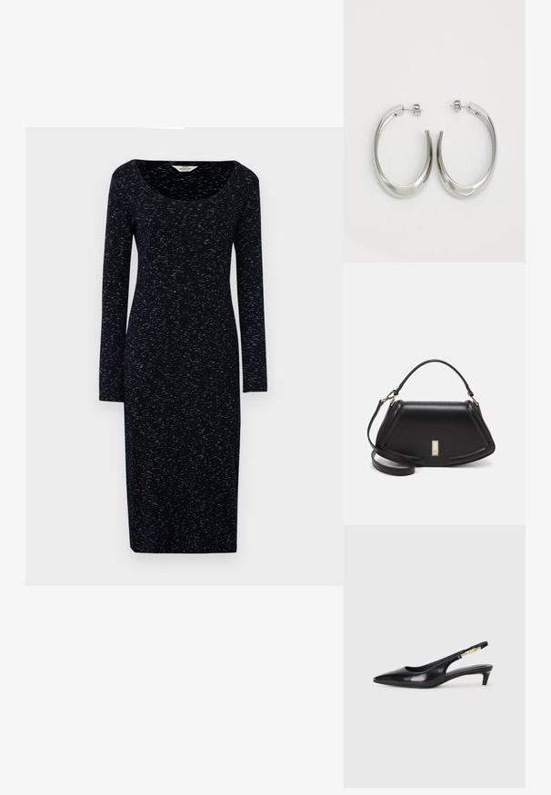 Langärmliges navy Kleid mit Rundhalsausschnitt, aus weichem Stoff gefertigt, mit einem dezenten gesprenkelten Muster in helleren Blautönen.; Schwarze Leder-Slingback-Pumps mit spitzem Schuhblatt, ausgestattet mit einem schlanken Absatz und einem goldfarbigen Akzent am verstellbaren Riemen. Glatte Textur.; Schwarze Lederhandtasche mit einem strukturierten Design, das eine verkürzte Form, einen oberen Griff und goldfarbene Hardware-Details aufweist. Verstellbarer Schulterriemen ist enthalten.; Silberne Creolen mit einem glatten, geschwungenen Design. Mit einem glänzenden metallischen Finish und Steckverschluss. Keine sichtbaren Muster oder Akzente.