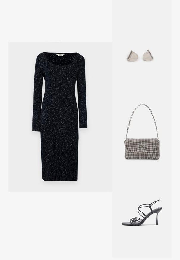 Kobaltnav dress z dolgimi rokavi, ki ima okrogel ovratnik, je izdelan iz mehkega blaga s subtilnim pikastim vzorcem v svetlejših modrih odtenkih.; Črne visoke sandale na peto imajo tanke naramnice z vozlom, gladek kvadratni toe in eleganten stiletto peto.; Svetlo siva kovinska torbica z verižnim ročajem, okrašena z majhnimi okroglimi kovinskimi bleščicami in trikotnim logotipom blagovne znamke.; Srebrne uhane z gladko, kapljično obliko in poliranim finishem. Nežna graviranja dodajajo detajle. Minimalističen dizajn.