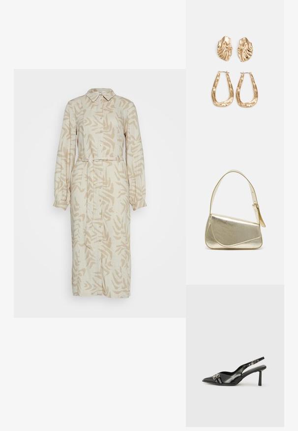 Vestido de linho bege com padrão abstrato em castanho claro, frente com botões, colarinho, mangas longas e cintura cingida por cinto.; Sapato slingback preto em pele patentada com bico apontado, tiras no tornozelo apresentando fivelas e acessórios prateados, e um salto elegante.; Bolsa de mão metálica dourada com um design estruturado, textura suave e alça ajustável. Apresenta uma forma triangular única e costura minimalista.; Brincos em tom de ouro com formas onduladas e texturizadas. Inclui studs escultóricos com presilha e um design de argola aberta com um acabamento martelado.