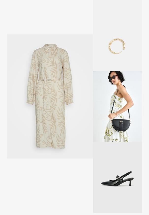 Bēšas lina kleita ar abstraktu gaiši brūnu rakstu, ar pogām aizsienama priekšpuse, apkakle, garas piedurknes un josta viduklī.; Melnas lakotas ādas sūkņa kurpes ar norādītu purngali un mazu bloku papēdi, ar sudraba sprādzi akcentā uz jostas.; Melnas ādas rokassoma ar izliekta formu, noņemamu siksnu un zelta aksesuāriem. Somai ir vāciņš ar sprādzes detaļu.; Zelta toņa gredzens ar organisku, vērptu dizainu, gludu virsmu un sašaurinātiem galiem, radot mūsdienīgu, skulpturālu izskatu.