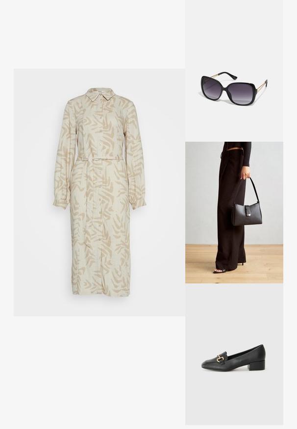 Robe en lin beige avec un motif abstrait marron clair, fermeture intégrale par boutons, col, manches longues et taille ceinturée.; Mocassins en cuir noir avec un talon plat, présentant un détail décoratif en métal doré à l'avant et une texture lisse.; Lunettes de soleil noires surdimensionnées avec des verres dégradés, monture épaisse et détails en chaîne dorée sur les branches.; Sac à main noir à la forme structurée, texture lisse et fermoir métallique. Associé à un pantalon noir ample et des sandales ouvertes sur un sol en bois.