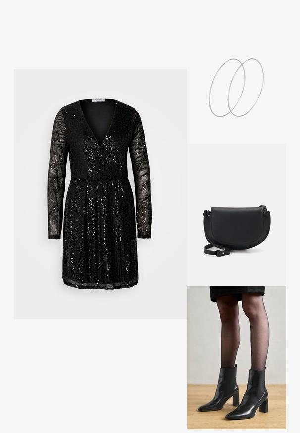 Must mustriga kleit, millel on pikad varrukad, sügav V-kaelus ja kokkutõmmatud talje. Seerud katavad kogu rõiva, peegeldades valgust.; Mustad mustad jalanõud terava ninaga, paksu ruudukujulise kontsaga ja saleda disainiga. Omavad elastseid külgpaneele mugavaks selga tõmbamiseks.; Musta nahast õlakott, millel on kaarjas kuju, magnetklapi sulgemine, reguleeritav rihm ja esiküljel nähtav logo detail.; Hõbedased rõngastikkaehingad minimalistlikus disainis. Ümar kuju, sile tekstuur ja õhuke profiil. Kerged ning poleeritud viimistlusega.