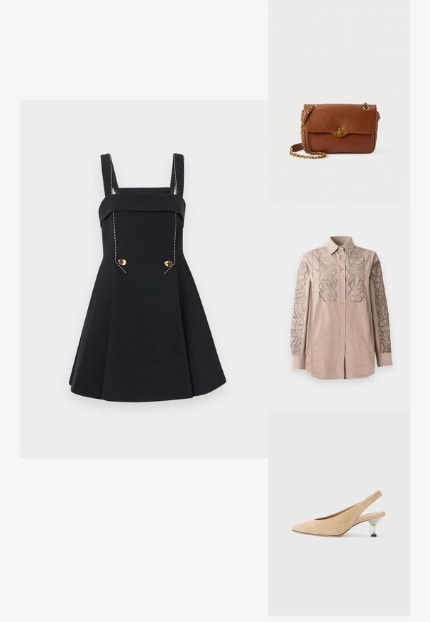 Vestido preto com corpete ajustado, alças largas e saia plissada. Apresenta botões dourados e detalhes de costura em branco contrastante.; Camisa botoneira em bege claro com intrincados bordados florais em renda nas mangas. Tecido suave com colarinho estruturado e mangas longas.; Sapato slingback em camurça bege com bico apontado e um salto arredondado transparente. Textura suave e design minimalista.; Bolsa de ombro em couro castanho com fecho em aba, acessórios em dourado e alça de corrente. Textura suave, forma retangular, detalhes mínimos.