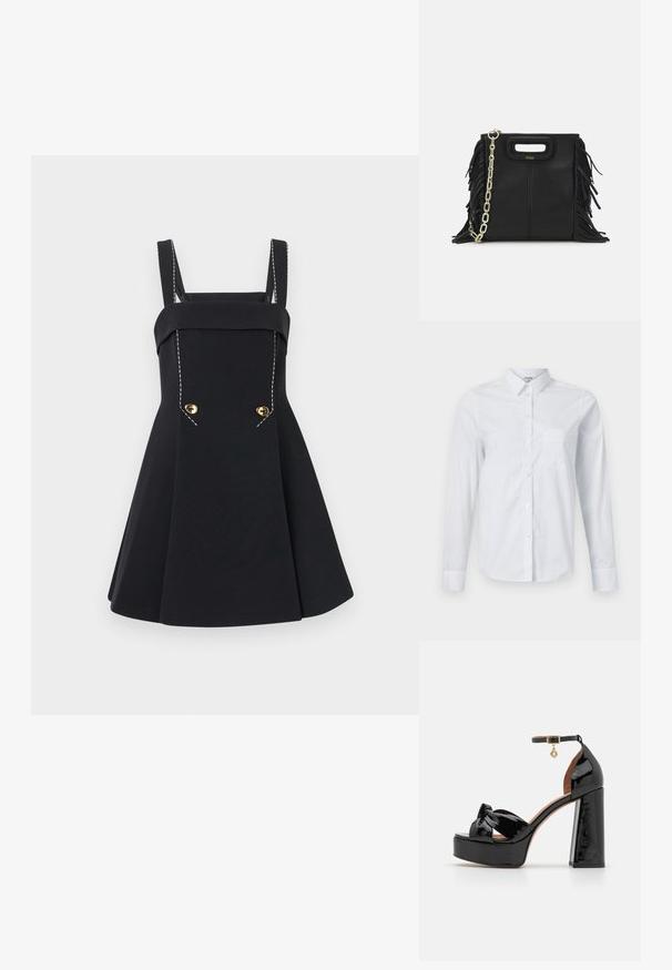 Černé šaty s přiléhavým korzetem, širokými ramínky a skládací sukní. Obsahují zlaté knoflíky a kontrastní bílé švy.; Bílá košile s dlouhým rukávem vyrobená z bavlny. Má zapínání na knoflíky vpředu, špičatý límec a náprsní kapsu na levé straně.; Maje Sandály na vysokém podpatku - noir; Černá kožená kabelka s třásněmi, zlatým řetízkovým ramenním popruhem a rukojetí s výřezem. Na přední straně se nachází logo.