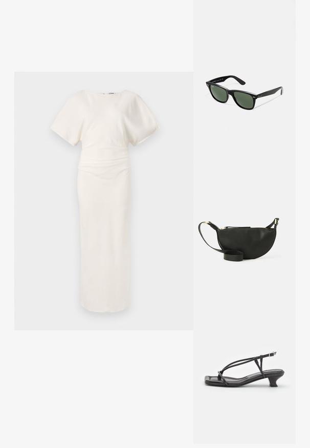 Balta midi suknelė su trumpomis, plačiomis rankovėmis, apvaliu iškirpimu ir prigludusia juosmena, kuri pereina į tiesią sijoną. Lygus audinys su minimaliu dekoravimu.; Juodas odinis šlepetės su plonomis dirželiu, mažu blokuoju kulnu ir kvadratiniu pirštu. Yra sagties uždarymas ir lygus paviršius.; Juodi plastikiniai saulės akiniai su žaliais objektyvais, kvadratiniais rėmeliais, sidabriniu akcentu ant antakio ir tekstūruotais šventyklų šakutėmis. Vidinėje šakutėje nurodyta prekės ženklo pavadinimas.; Juodas odinis per petį nešiojamas krepšys pusmėnuliu, su tekstūruota paviršiumi, auksiniu užtrauktuku ir plokščiu dirželiu. Kompaktiškas dizainas, tinkantis būtiniausiems daiktams.