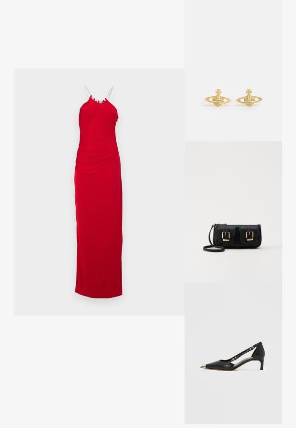 Hervé Léger THE GENEVIEVE GOWN - Rochie maxi - cardinal; Pantof de damă din piele neagră cu toc kitten, vârf ascuțit argintiu și două curele cu cataramă, pe fundal alb.; Geantă neagră din piele, tip crossbody, cu două buzunare frontale, catarame aurii, închidere cu fermoar și o curea subțire. Suprafață texturată și formă rectangulară compactă.; Vivienne Westwood MINI BAS RELIEF EARRINGS - Cercei - gold-coloured