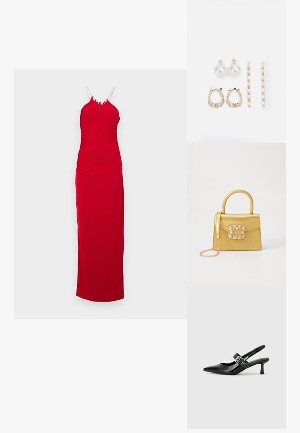 Hervé Léger THE GENEVIEVE GOWN - Dolga obleka - cardinal; Črne patent usnjene slingback pete s koničastim nosom in majhnim blok peto, ki vključujejo srebrno zaponko na traku.; Rumeno usnjeno-usnje z vzorcem krokodila, s strukturiranim dizajnom, zgornjo ročajem, snemljivo verižico in dekorativnim kristalnim okrasjem na zaponki.; Tri para uhani: veliki beli biserni uhani, zlate obroče s prozornimi dragulji in dva dolga, ravna zlate uhan s svetlečimi podrobnostmi.