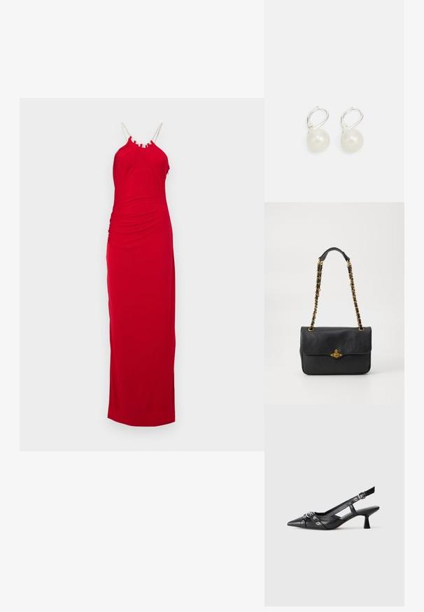 Hervé Léger THE GENEVIEVE GOWN - Robe longue - cardinal; Chaussure slingback en cuir noir avec un bout pointu, des sangles décoratives avec œillets en métal et un petit talon carré. Surface texturée.; Sac à main en cuir noir avec un rabat, bandoulière en chaîne dorée et détail de logo à l'avant. Texture lisse.; Boucles d'oreilles en forme de goutte en perles avec une surface polie, dotées d'un fermoir en argent et de perles blanches rondes. Design simple et classique.