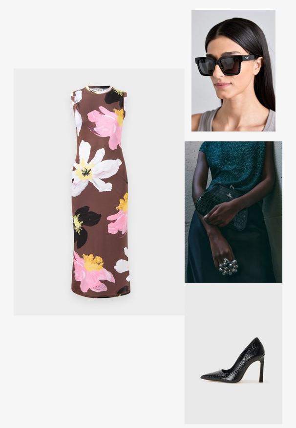 Käeaukudeta pruun kleit, millel on suur lillemuster roosa, valge, musta ja kollase värviga. Omab ümmargust kaelust ja kitsast lõiget.; Mustan teravaotsaga kõrge kontsaga king, millel on krokodillimustriga tekstuur, stiilne disain, kõrge stilettokonts ja sile must sisesisustus.; Mustad suured päikeseprillid ruudukujuliste raamidega, tume klaasidega ja õrna tiivamärgiga detailiga kõrvakellas. Külgedel on tekstuuritud aktsendid.; Must musta tihe-must reptiili nahast pidulik kott hõbedaste detailidega, mille taustal on tekstuuriline hall taust. Omab läikivat pinda.